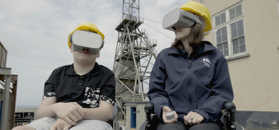 Fin Allen and Star Clap trying out Geevor Tin Mine’s 360 degree accessible VR tour – photo courtesy of Soundview Media