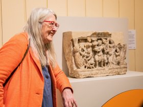 Mary Beard with Funerary Urn at Haselmere