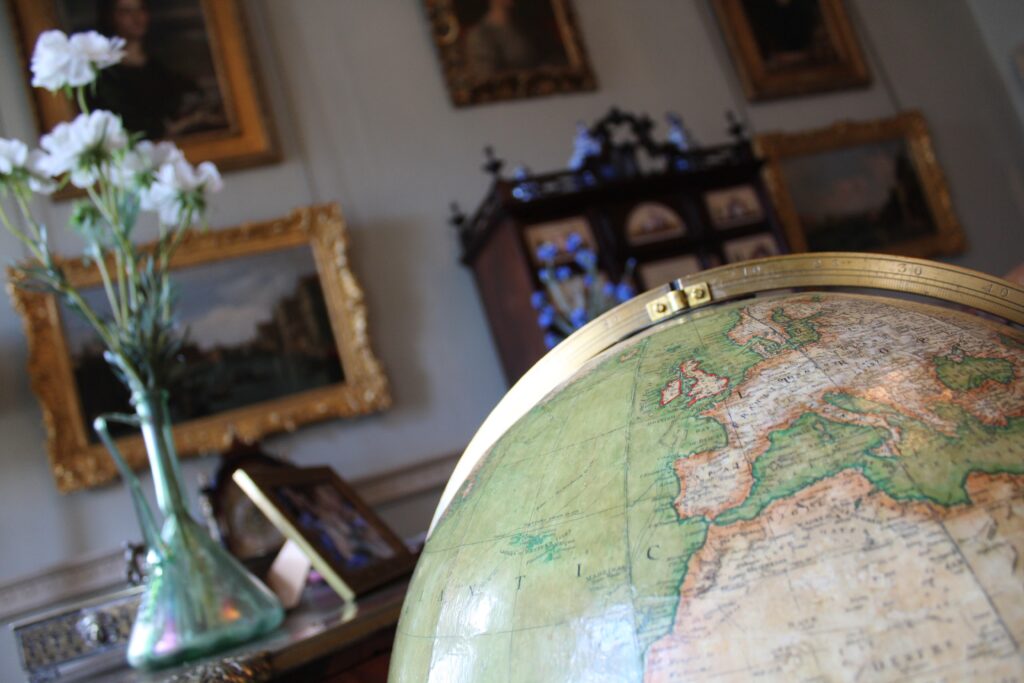 Close up of a globe on display within Kiplin Hall